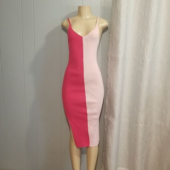 Women's 2023 Bodycon Midi Dress Colorblock Ribbed Knit Dress Pink med nwot - Picture 4 of 11